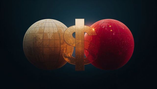 Gold Dollar Sign Between Western and Chinese Globes Representing Global Economic Tension