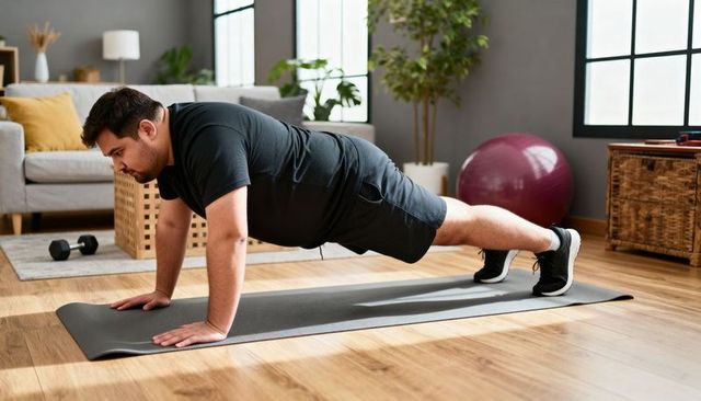 Adult male holding plank on exercise mat in bright living room, home workout focus