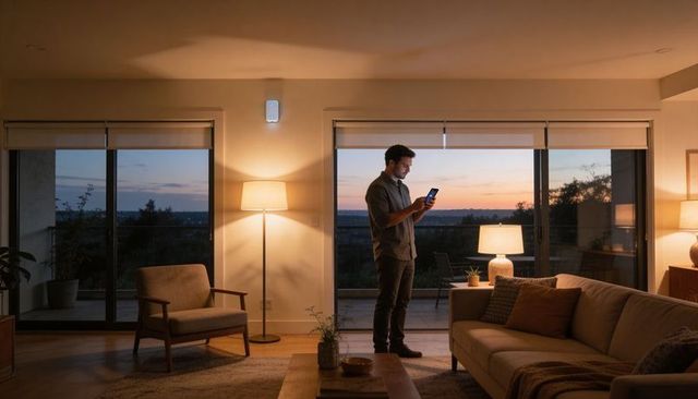 Man using smartphone in cozy living room at dusk overlooking balcony sunset, smart home evening