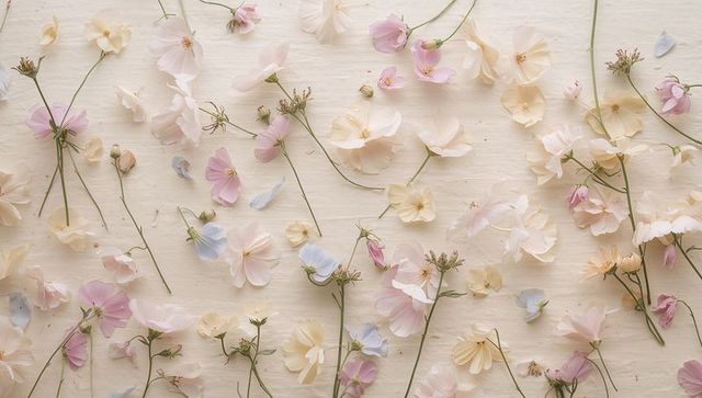 Pastel wildflower petals scattering on cream paper with delicate stems and buds soft airy