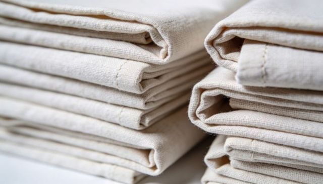 Stacked natural linen folds showing hemmed edges and soft woven texture for home decor