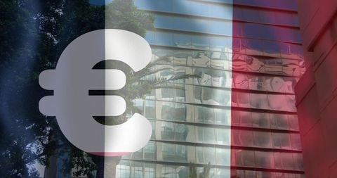 Euro symbol overlaying glass highrise with tricolor reflection and palm silhouette
