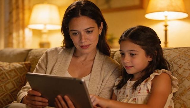 Mother and daughter sharing tablet on couch, cozy evening bonding under warm lamp light