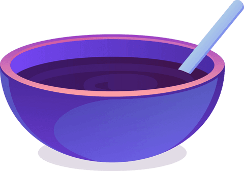 Purple bowl with swirling liquid and spoon on transparent background