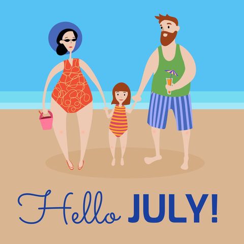 Cheerful family vacation at beach welcoming july