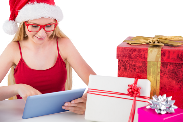 Transparent Festive Blonde Woman, Shopping Online, Santa Hat, Christmas Gifts, Tablet - Download Free Stock Videos Pikwizard.com