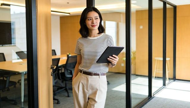 Asian professional holding tablet walking through modern glass-walled conference room