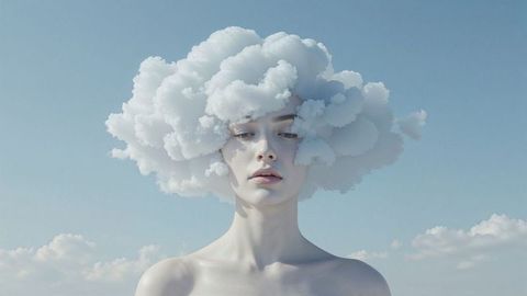 Surreal female figure with cloud enveloping head in open sky