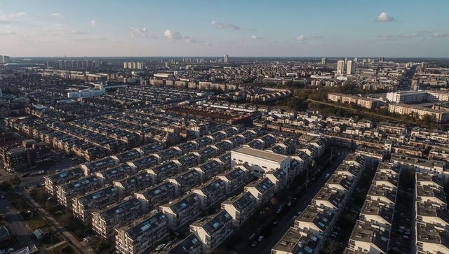Aerial showing grid of low-rise residential rooftops with skylights and white warehouse