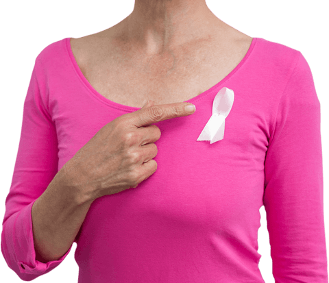 Woman pointing at breast cancer awareness ribbon on pink shirt. Transparent background ideal for use in health campaign materials, advocacy posters, healthcare blogs, or educational presentations promoting breast cancer awareness and early detection.