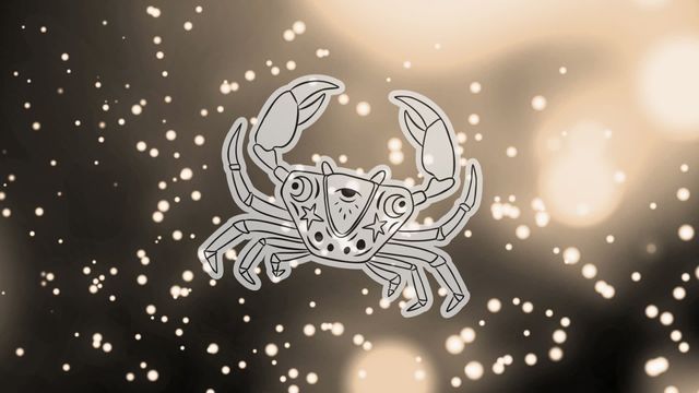 Vector illustration showcases the Cancer zodiac sign represented by a crab, set against a background of glowing particles and flares. This digital, cosmic-themed art is ideal for astrology websites, horoscope content, zodiac-related blog posts, and fortune-telling platforms.