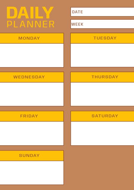 This weekly planner template includes unique spaces for each day of the week and dedicated areas for notes and the date. Ideal for organizing tasks, appointments, meetings, and personal activities. Perfect for individuals looking to improve productivity and time management. It can be printed or used digitally in office settings, home planning, or educational environments.