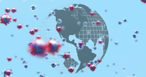 Floating Coronavirus Cells with World Map Background