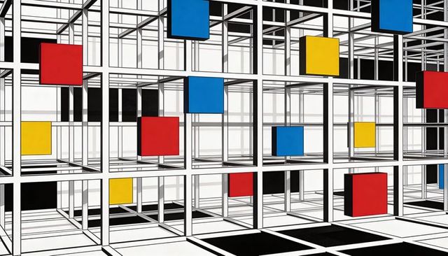 Modular mondrian grid sculpture featuring white cubic lattice with floating red blue yellow cubes