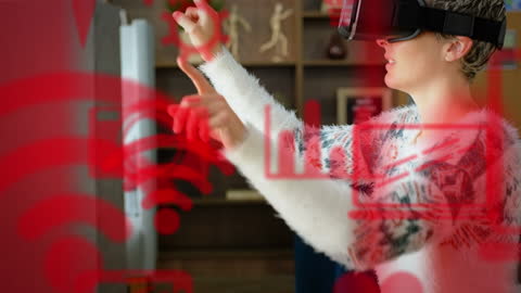 Woman Using VR Headset Interacting with Virtual Icons