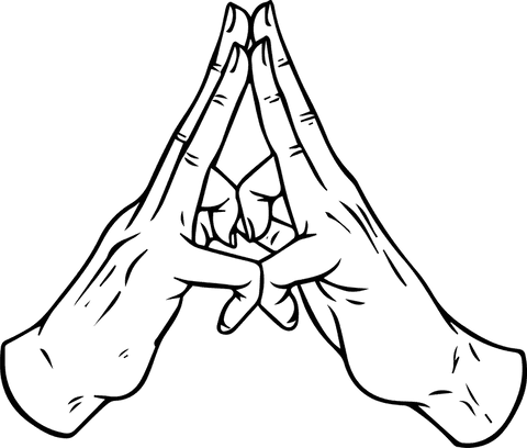 Transparent line drawing of hands forming triangle shape
