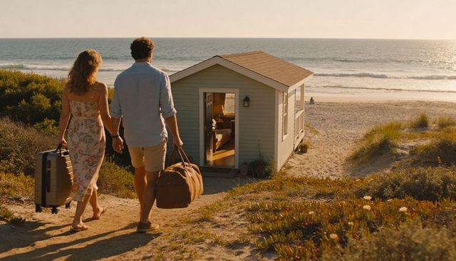 Couple walking toward pale beachfront cottage at golden hour carrying suitcase and duffel