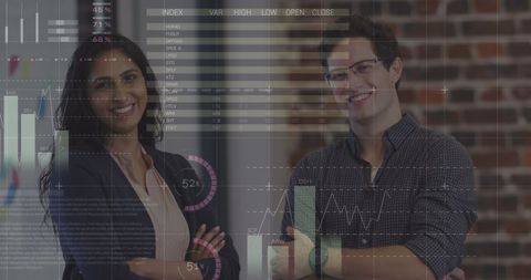 Confident Business Team with Financial Data Overlay