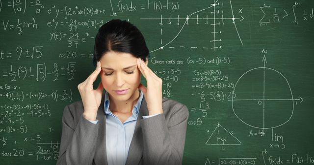 Image of a young Caucasian woman massaging her temples trying to solve a problem in front of a green chalkboard with moving mathematical calculations written in chalk