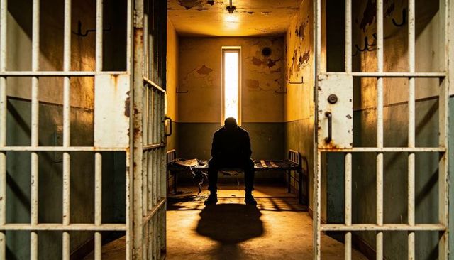 Sitting inmate casting long shadow in decaying prison cell with rusty bars and broken bed