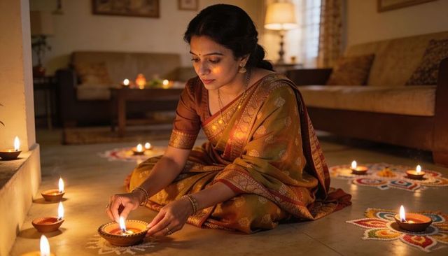Lighting diya on floor wearing mustard-gold silk saree during festive rangoli celebration