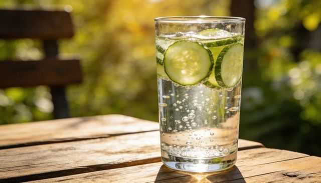 Sunlit sparkling water with cucumber slices on rustic wooden table for refreshing summer