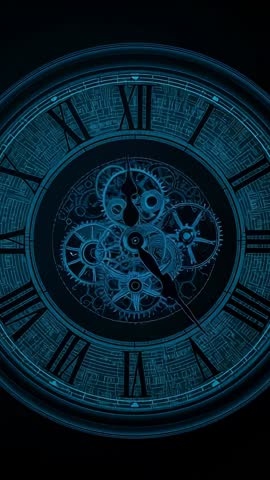 Vertical Mechanical Clock Face Starting Sequence with Spinning Gears and Advancing Hands