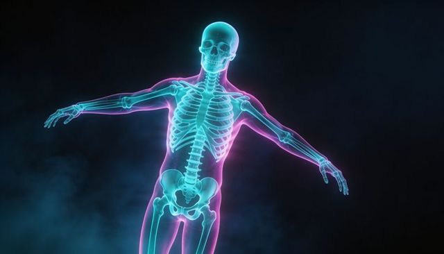 Glowing neon cyan skeleton floating upright with magenta aura, sci-fi anatomy concept
