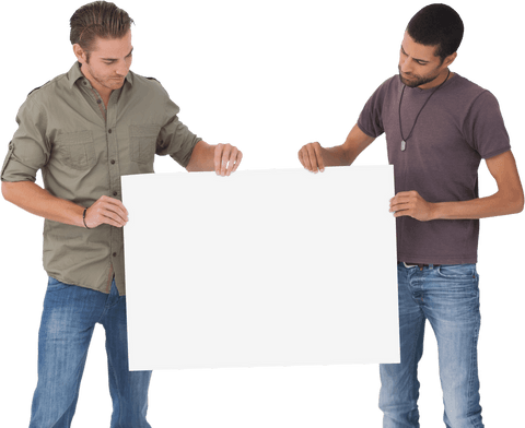 transparent ad concept: young men holding blank poster - Download Free Stock Videos Pikwizard.com