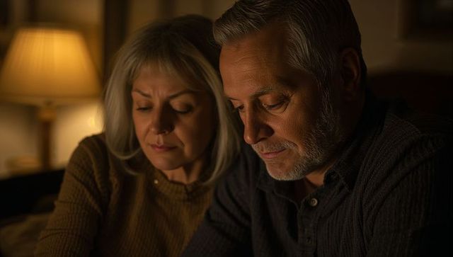 Senior couple sharing quiet evening under warm lamp light, intimate reflective moment