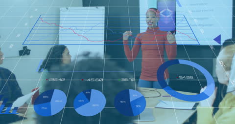 Business Concept Presentation with Graphs and Leader Explaining Strategy