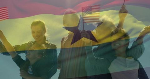 Waving multigenerational family celebrating outdoors with us flags and ghana flag overlay