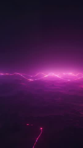 Moving Neon Particle Traveling Toward Magenta Waveform Merging Over Abstract Horizon