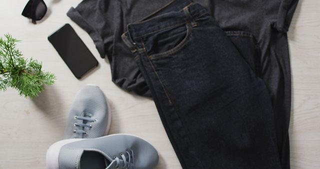Casual clothing ensemble includes gray T-shirt, dark blue denim jeans, light gray sneakers, black sunglasses, and black smartphone laid out on light wood surface. Ideal for fashion blogs, lifestyle content, e-commerce clothing stores, or casual fashion inspiration.