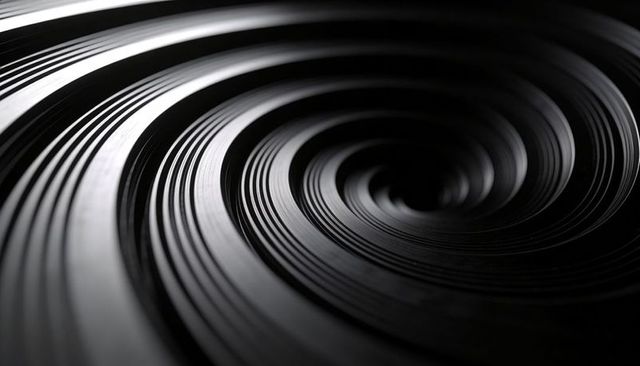 Monochrome glossy spiral vortex with concentric ridges and deep metallic texture