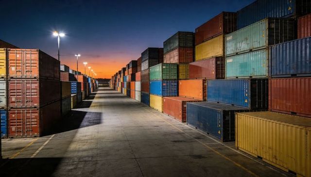 Stretching container terminal lane into dusk, stacking colorful cargo containers under lamps