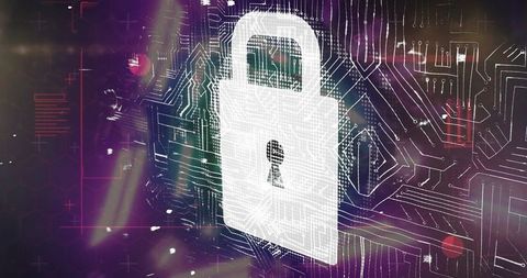 Cybersecurity concept with padlock and circuit traces