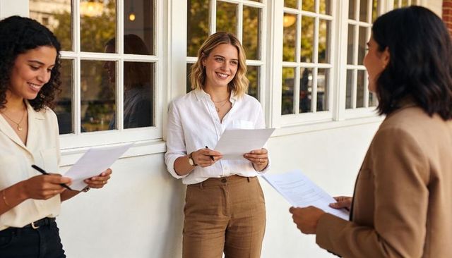 Businesswomen reviewing documents outdoors during casual team briefing and collaboration
