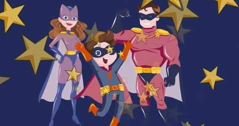 Family Heroes Celebrating with Starry Background