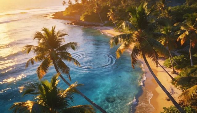 Golden sunset bathing tropical cove with leaning palm trees and turquoise ripples