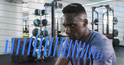Athlete tracking recovery and hydration after set with blue performance charts overlay
