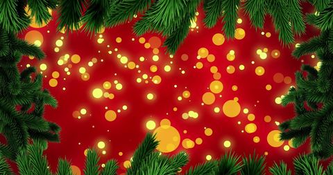 Festive Fir Tree Branches with Glowing Lights on Red Background