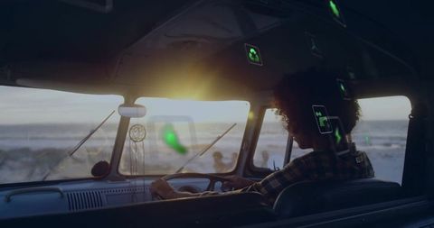 Scenic Coastal Journey in Retro Camper Van at Sunset