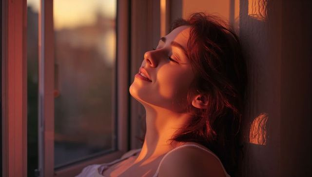 Young woman leaning at window soaking warm golden hour light, serene relaxed soft closeup