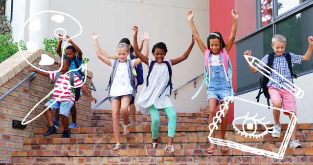 Joyful moment of diverse group of children, wearing backpacks, happily jumping down stairs outside of school. Suitable for concepts such as education, childhood joy, diverse communities, back-to-school seasons, teamwork and friendship.