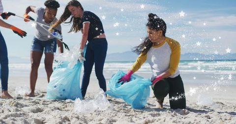 Diverse Volunteers Cleaning Beach in Environmental Effort