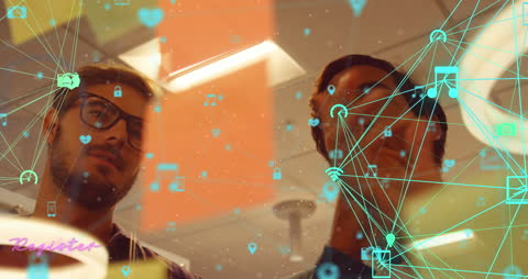 Digital Innovation Discussed by Colleagues with Overlaid Technology Icons