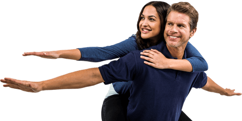 Transparent Playful Couple Piggyback Pose with Outstretched Arms