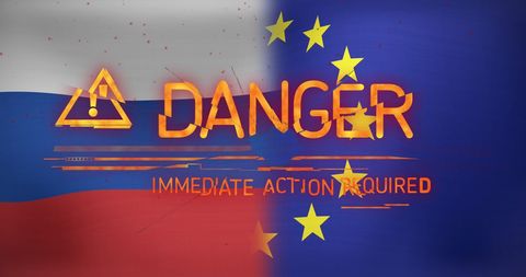 Danger Warning Overlapping Russian and European Union Flags Representing Political Conflict - Download Free Stock Images Pikwizard.com