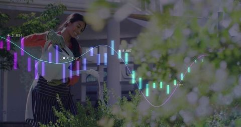 Woman watering plants with graph overlay representing eco growth